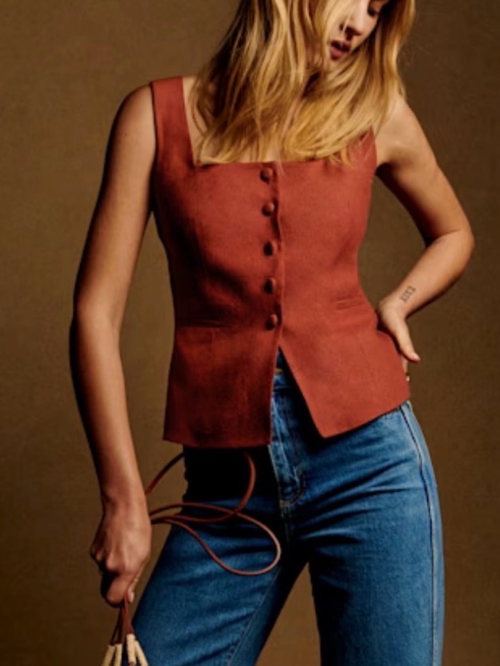 NWT Sézane Zelinda Chestnut Linen Fitted Vest Blouse FR 42 US 10